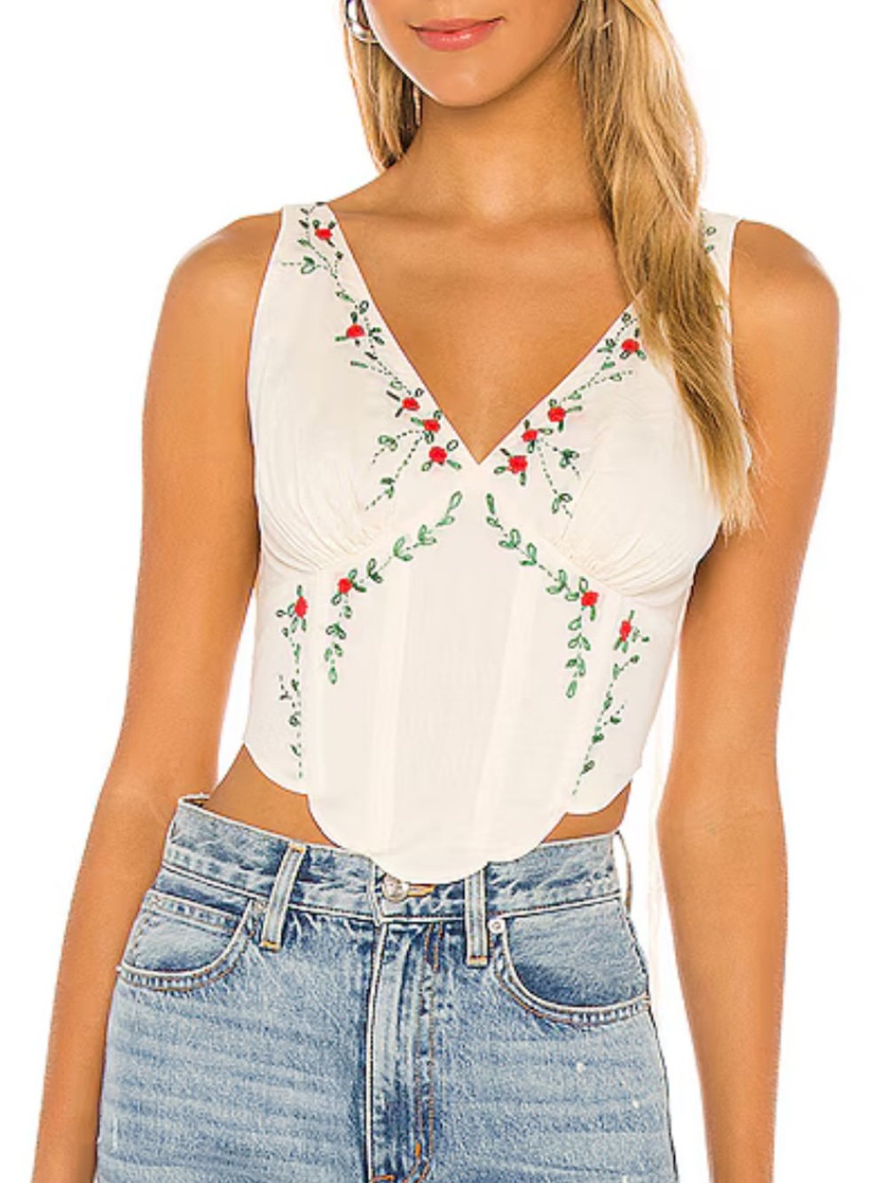 LPA Alec V-Neck Crop Top in Ivory Camisole with Red & Green Detail